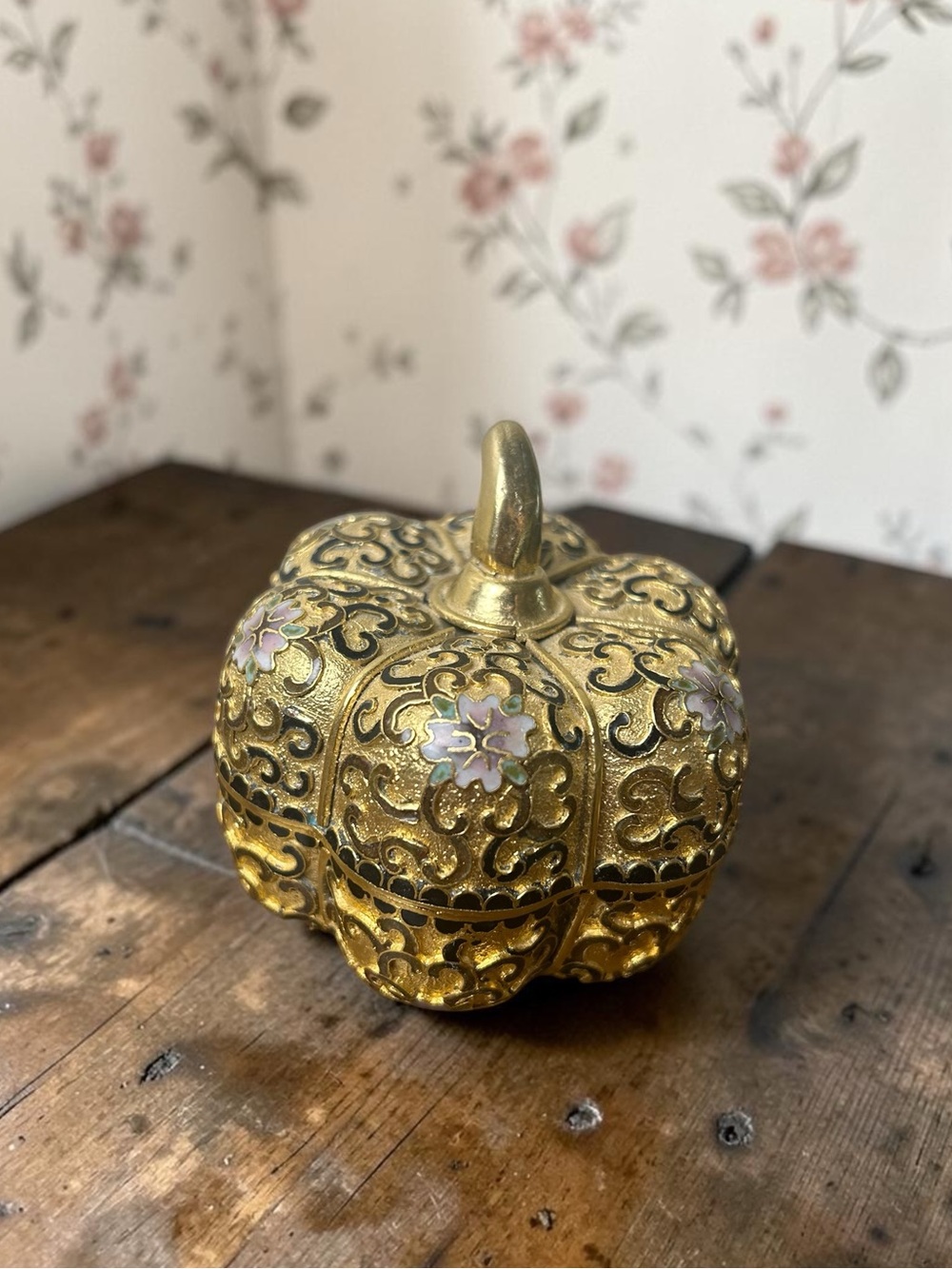 Vintage Cloisonné Style Enamel Detailing Gold Floral Pumpkin Trinket Box